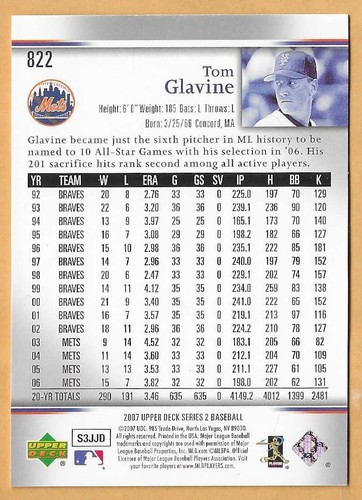 TOM GLAVINE NEW YORK METS #822 - UPPER DECK NM-MT 2007 - Picture 2 of 2