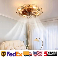 20 inch Ceiling Fan Light Farmhouse Gold Caged Flush Mount w Remote Control Kit