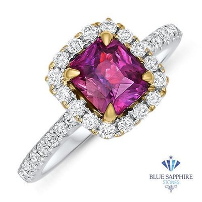 Zertifizierter 1,60ct Cushion Natur Rubin Ring mit Diamant Heiligenschein in 18K Weißgold