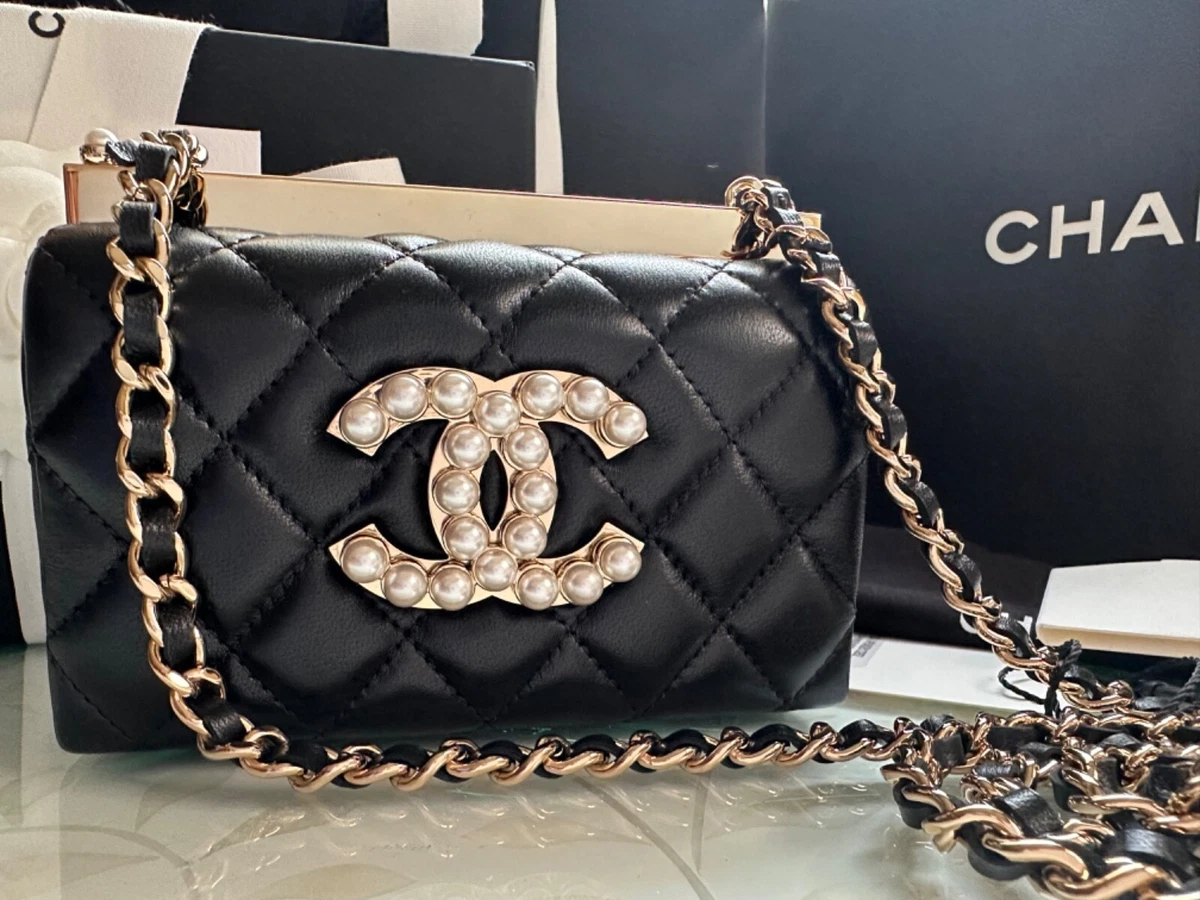 New CHANEL 23A BLACK Vanity Case Clutch Gold Chain PEARLS Evening  Minaudiere Bag