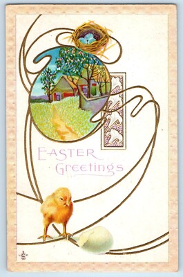 1912 Easter Greetings Chick Hatched Egg Nest Embossed Rolling Stone MN Postcard