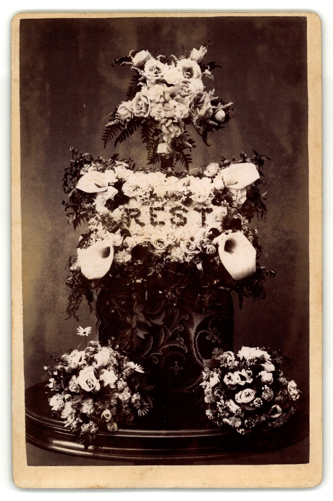 Cabinet Card Circa 1890s Helmbold Mourning Funeral Floral Display Rest Camden NJ