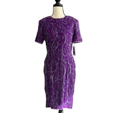 Adrianna Papell Purple Beaded Sequin Sheath Cocktail Dress Keyhole Back Sz 8 NWT