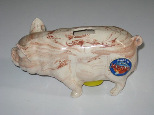 Vintage Pig Piggy Bank Swirl Glaze Stoneware Made in Montana Signed RM 7"