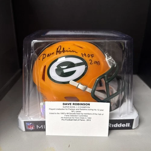 Green Bay Packers Mini Helmet Autographed Dave Robinson Hall of Fame Super Bowl