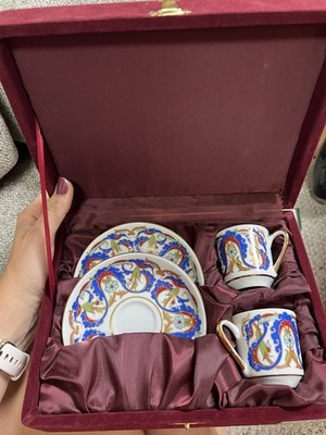 Vintage Gural Porselen Elif Kutahya Cup and Saucer Coffee Set of 2 in Original B