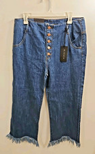 NWT Risen High Waist Dark Blue Denim Wide Leg Jeans 5 Button And Raw Hem