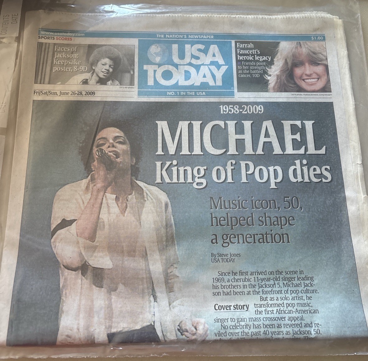 USA Today June 26 2009 Michael Jackson Death Newspaper King of Pop
