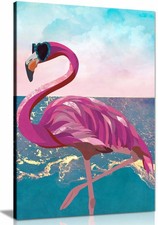 Flamingo goes to the Beach Framed Canvas Print, Pictures for Home Walls Decor