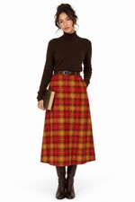 Vintage 50s 60s Wool Plaid A-Line Midi Maxi Skirt Red Yellow High Waist S