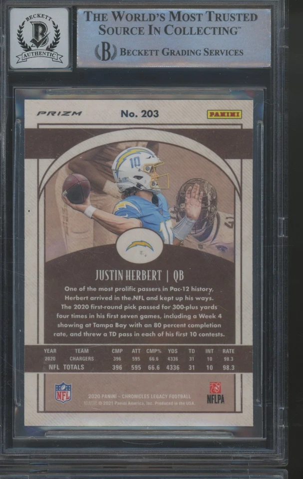 2020 Panini Legacy Silver #203 Justin Herbert RC BAS BGS Beckett 10 Auto - Image 2 of 2