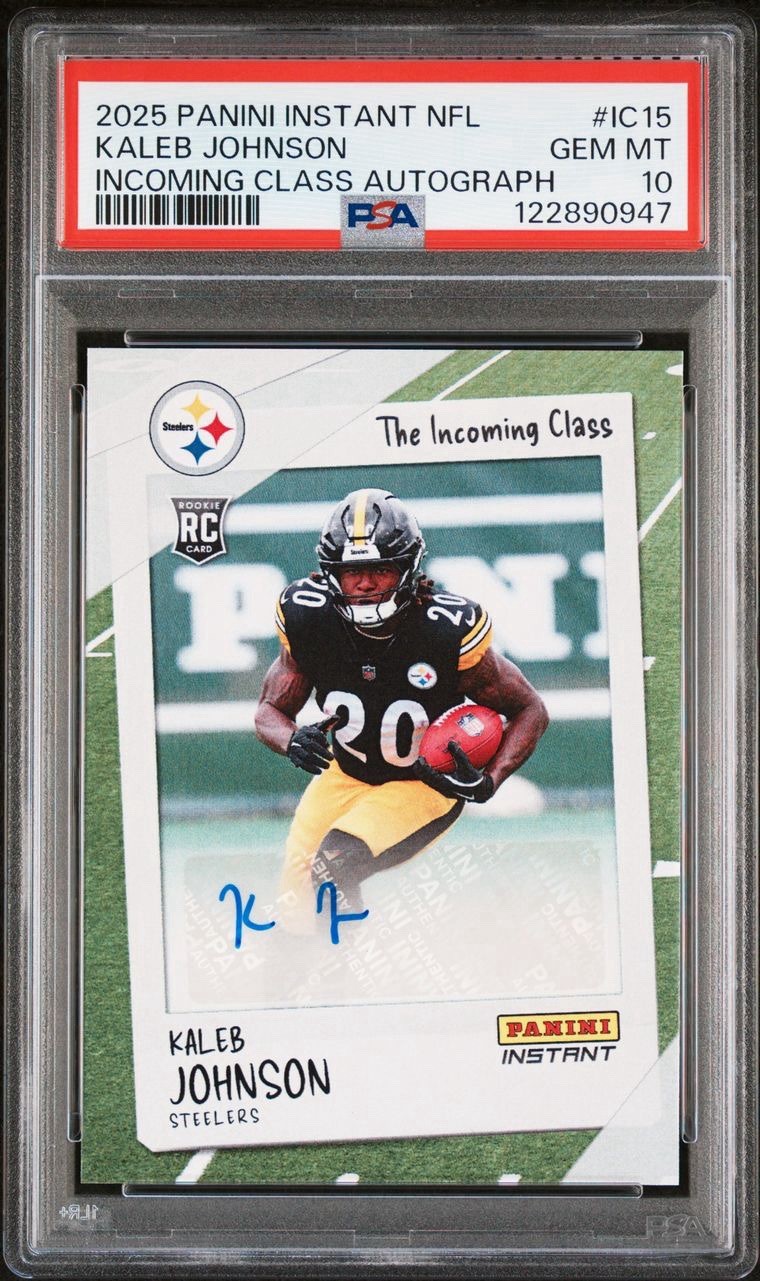 Kaleb Johnson 2025 Panini Instant NFL The Incoming Class Auto /25 Rookie PSA 10 view 1