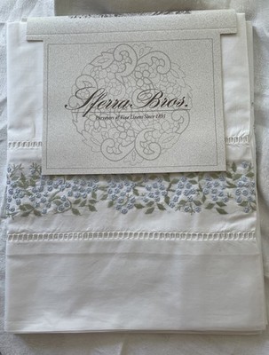 Sferra 2 King Pillowcases White w Floral Embroidery 100% Egyptian Cotton ITALY