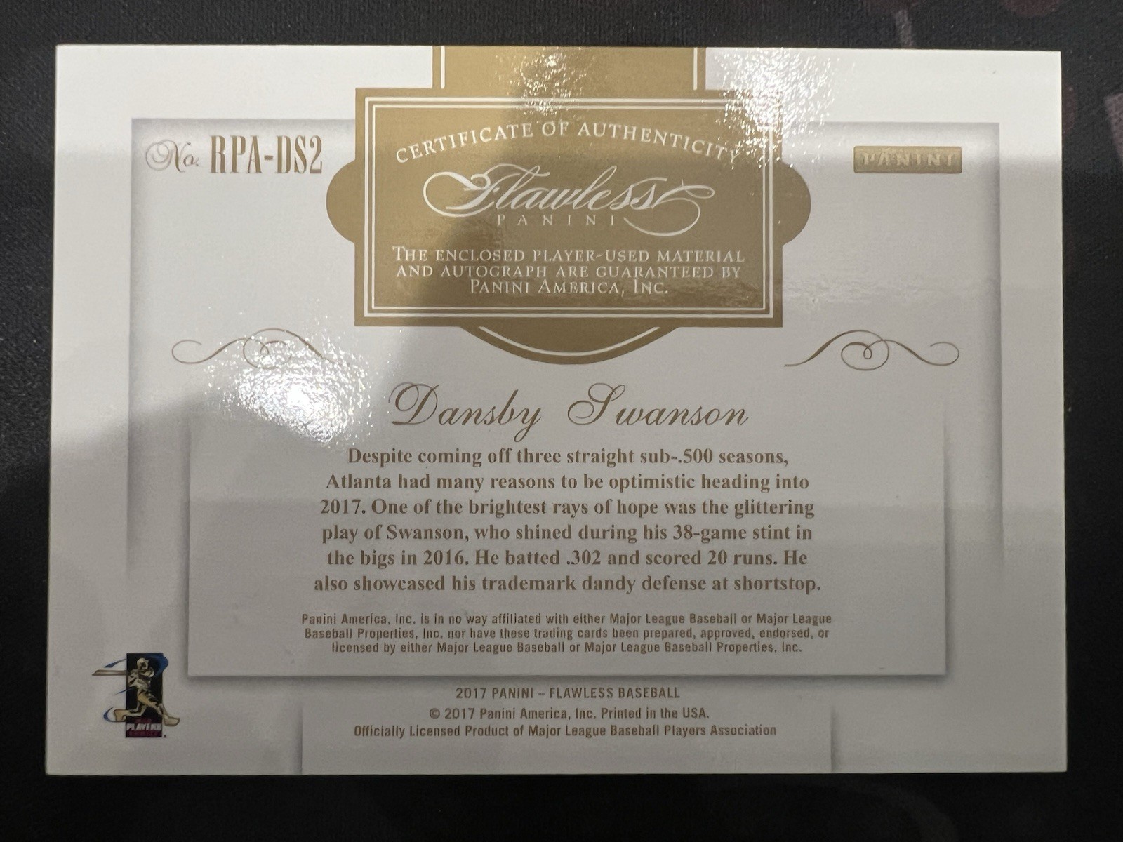 2017 Panini Flawless CUBS DANSBY SWANSON SAPPHIRE ROOKIE PATCH AUTO RC 09/15 view 4