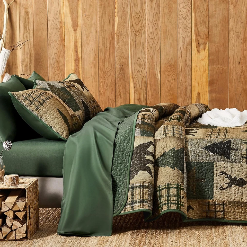 - Juego de Edredón Rústico, Cabaña Campo Navidad Oso Ciervo Vida Silvestre Cuadros Lodge Chaleco Foto 4 de 4