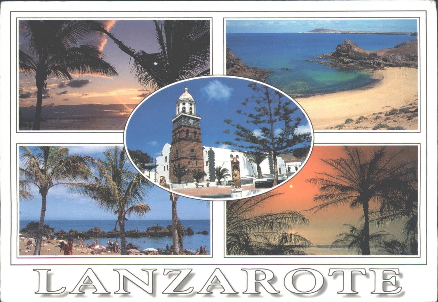 Lanzarote Multi-View Postcard Islas Canarias Spain Church Beach Sunset 1990s