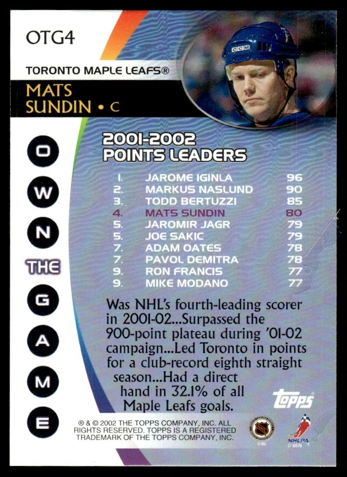 2002-03 Topps Own The Game Mats Sundin Toronto Maple Leafs #OTG4 - Image 2 of 2