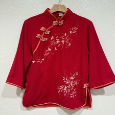 chinese vietnamese red asian oriental floral print silk long short sleeve top