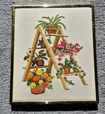 VTG Sunset Stitchery 3D Crewel Embroidery Fern Ladder Framed Wall Hanging 22x18''