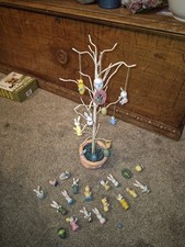 17" Vintage Happy Easter Tree With 31 Hand Painted Wooden Ornaments