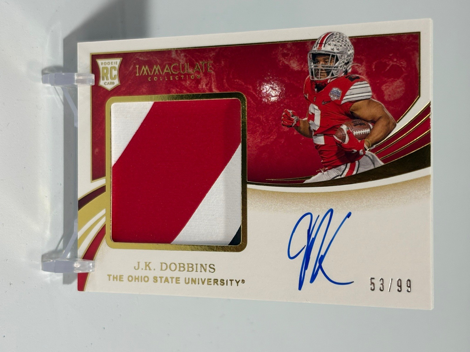 JK Dobbins 2020 Panini Immaculate Rookie On Card Auto 4 Color Patch Card 53/99 