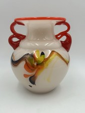 Vintage Murano Style Art Glass Vase Thick 9 Tall with Double Red Ring Handles