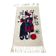 Joan Miro Tapestry Wool Mid Century Modern Rug Wall Hanging People & Dog In Sun