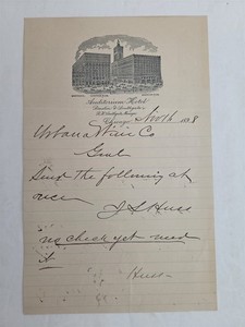 1898 antique AUDITORIUM HOTEL chicago il LETTERHEAD Urbana WINE CO memo