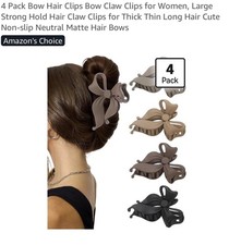 4 Pack Large Bows Hair Claw Clips 4 Matte Non-Slip Women Black Brown Beige New