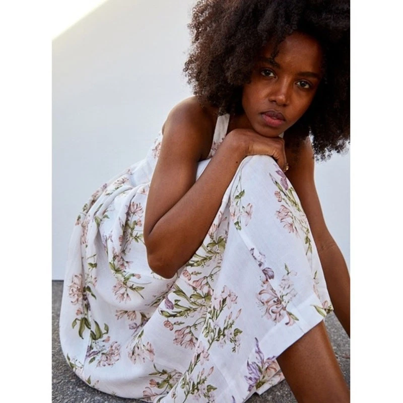 H&M Brock Collection XS Maxi Summer Dress White Floral Linen Blend Sleeveless - Image 2 of 4