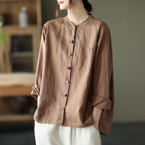 Retro Womens Cotton Linen Blouse Loose Casual Tunic Top Button Summer T-shirts - Photo 19/22
