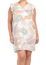 TAHARI Plus Size 3X Mojave Tropical Print Linen Flutter Sleeve Shift Dress NWT