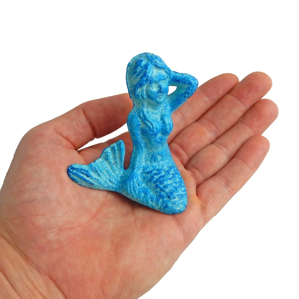 Tiny Cast Iron Mermaid Figurine Shelf Sitter Paperweight Nautical Sea Blue Color - Image 2 of 4