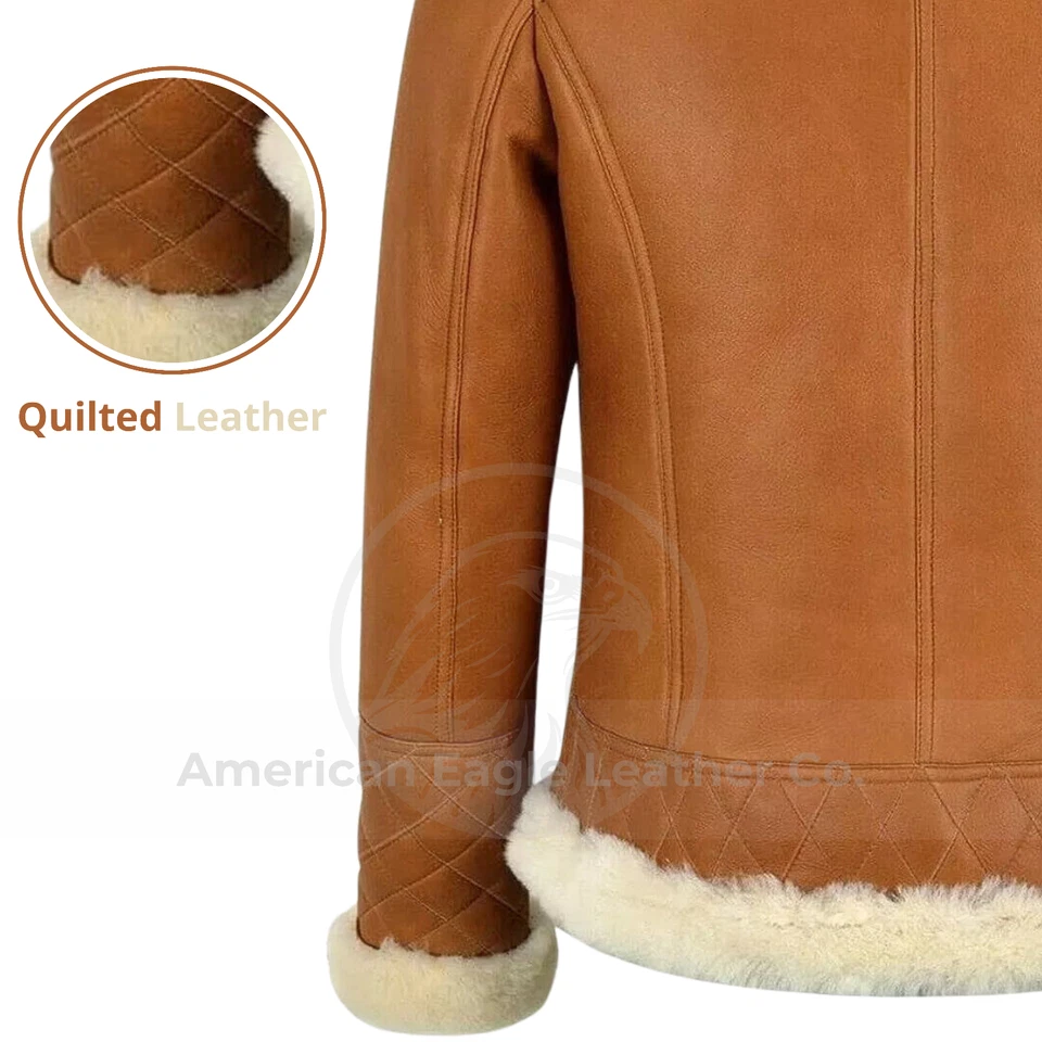 Chaqueta de cuero de oveja genuina para mujer marrón tostado bombardero forro de piel de oveja Foto 4 de 4