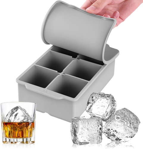 Large Ice Cube Tray with Lid - 6 Giant Silicone Square Ice Cubes for Whiskey