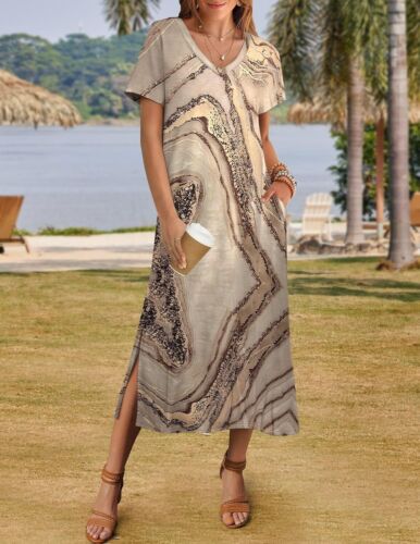 Summer Floral V-Neck Maxi Dress Short Sleeve Casual Beach Dress with Pockets - Picture 2 of 109