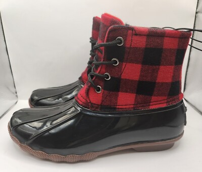 Jessica Carlyle Womens Black Red Buffalo Plaid Rain Snow Duck Boots Size 