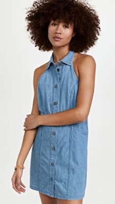 free people denim halter dress New Free People Sami Mini Halter Denim Dress Bali Blue Cotton Size L NWOT $65