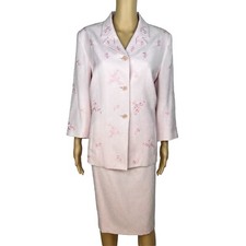 Kasper ASL Polyester Skirt Suit Size 14 Embroidered Light Pink 3/4 Sleeves 2PC