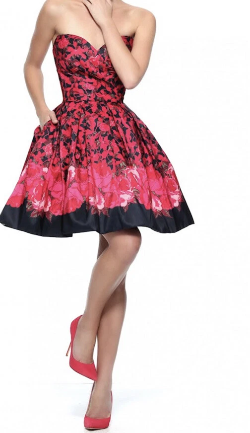 NUEVO Vestido de fiesta Sherri Hill talla 10 rosa/rojo/negro floral sin tirantes satinado Foto 4 de 4