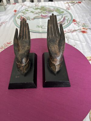 Vintage Pair Of Hands Facing Up Sculpture Art Metal / Wood Bookends Spiritual