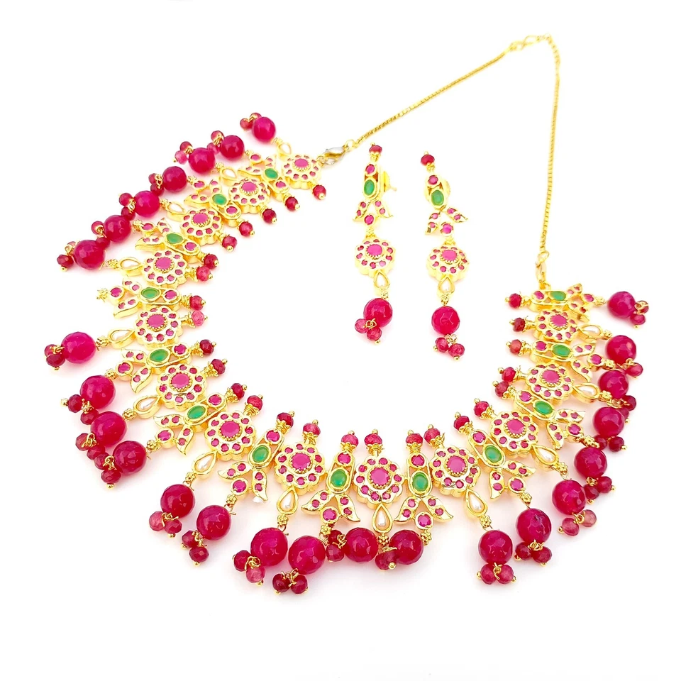 Collar Meenakari Premium Rubí y Ónix y Esmeralda Joyería, Collar Chapado en Oro Foto 2 de 4