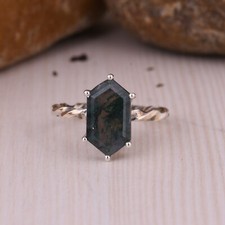 Moss Agate Wave Band Statement Ring Engagement Sterling Silver Rings For Her