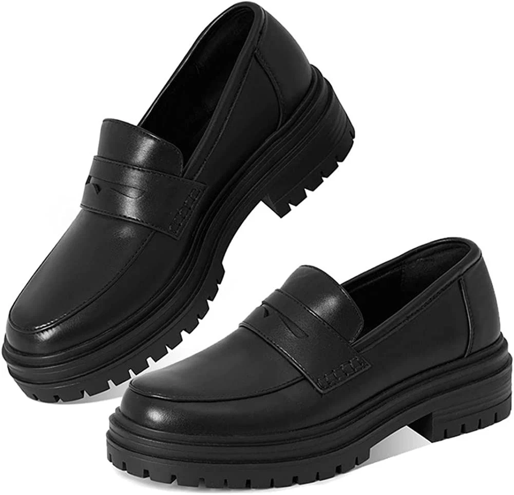 LinnOaks Penny Loafers for Women Slip on Round Toe Chunky Heel