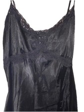 PINK Black Satin Full Slip Lace Trim Adjustable Straps Small Sheer Polyester