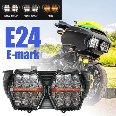 Für Harley Road Glide 2015-2023 E-24 LED Dual Scheinwerfer Mit Gelb DRL Hi-Low
