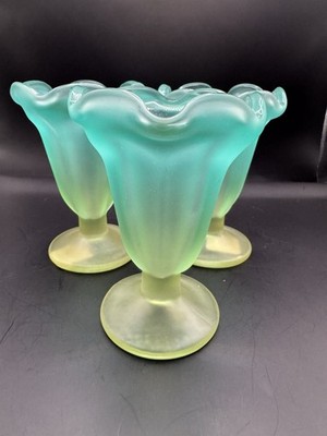 3 Libbey 5 3/4'' Ka-Dinks Ice Cream Sundae Parfait Glasses Blue & Lemon 1950's