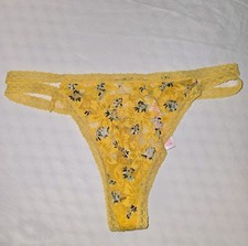 PINK By Victorias Secret Yellow Lace Flower Pattern Thong Sz Small NWOT