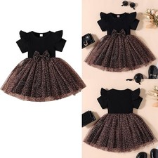 Toddler Girls Short Sleeve Bowknot Leopard Tulle Dress Party Princess Lace Dress