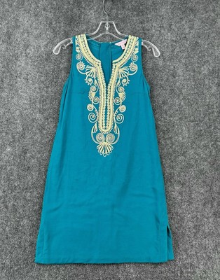 Lilly Pulitzer Carlotta Stretch Shift Dress Teal & Gold Knee Length Womens 00